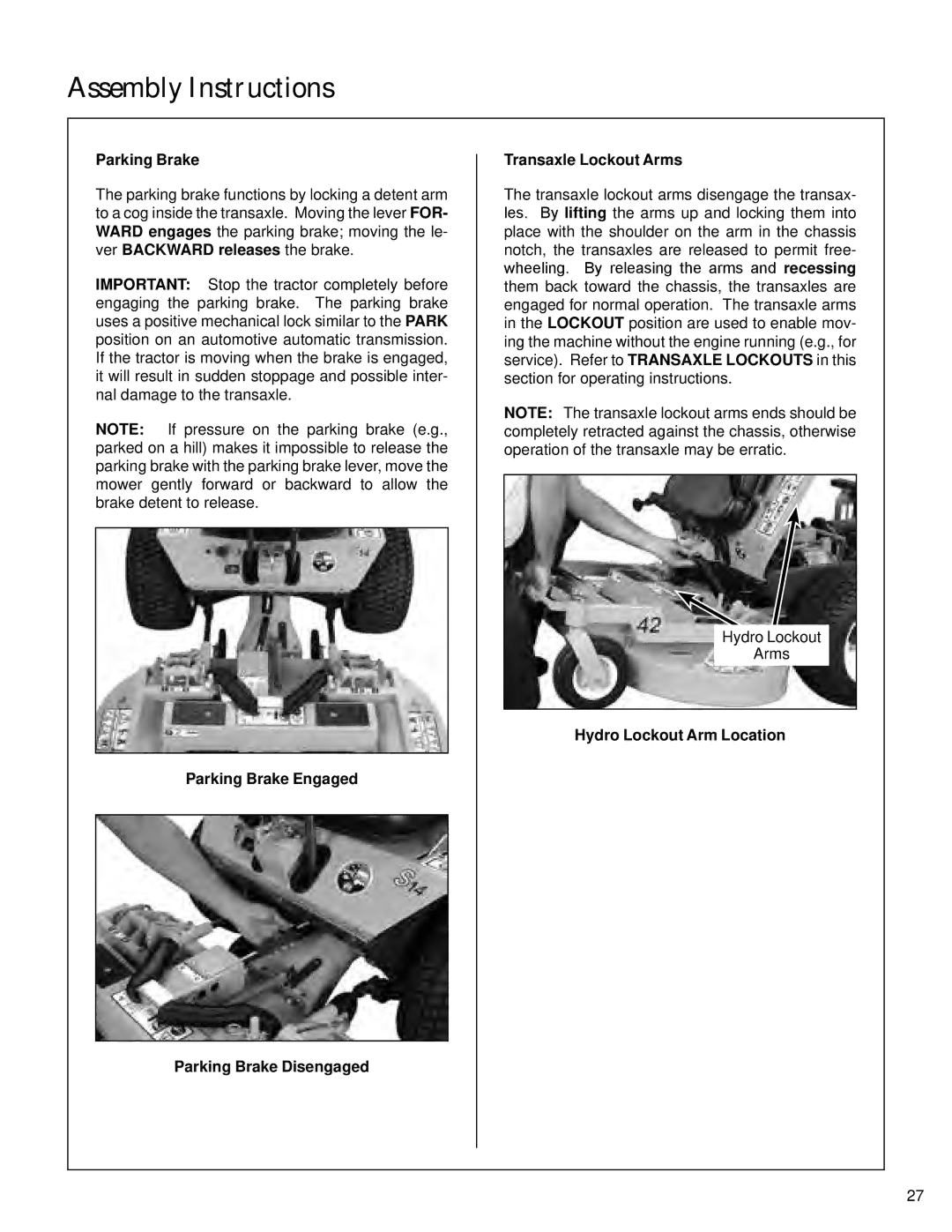 Walker S14 manual Parking Brake, Hydro Lockout Arm Location 