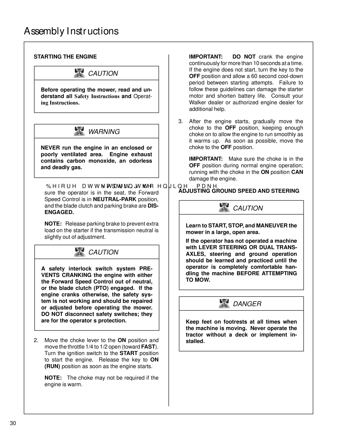 Walker S14 manual Starting the Engine, Engaged, Adjusting Ground Speed and Steering 