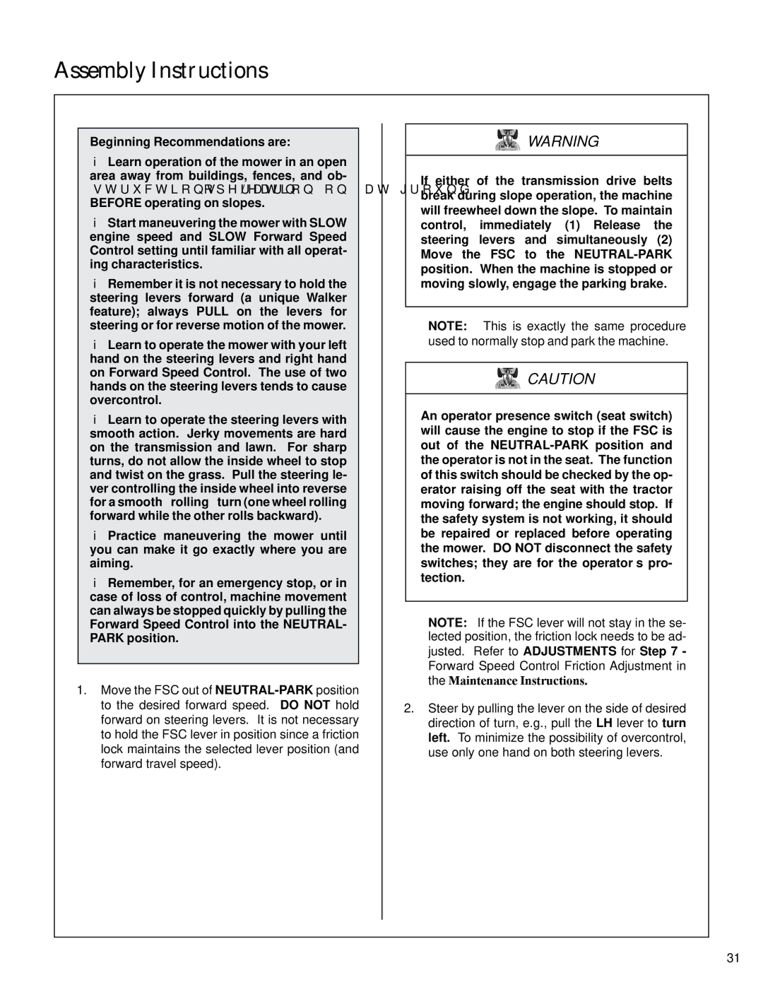 Walker S14 manual Beginning Recommendations are, Forward Speed Control Friction Adjustment 