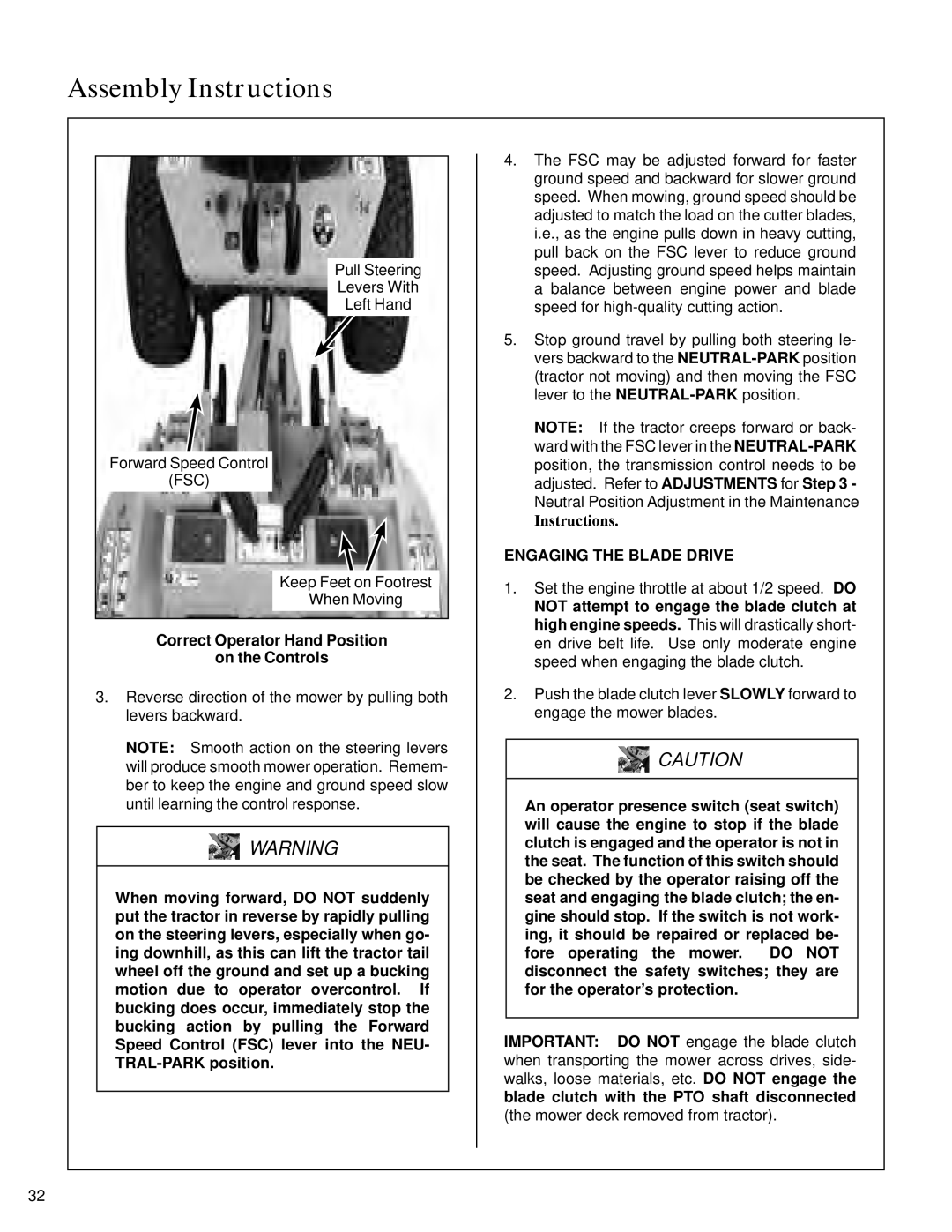 Walker S14 manual Correct Operator Hand Position On the Controls, Engaging the Blade Drive 