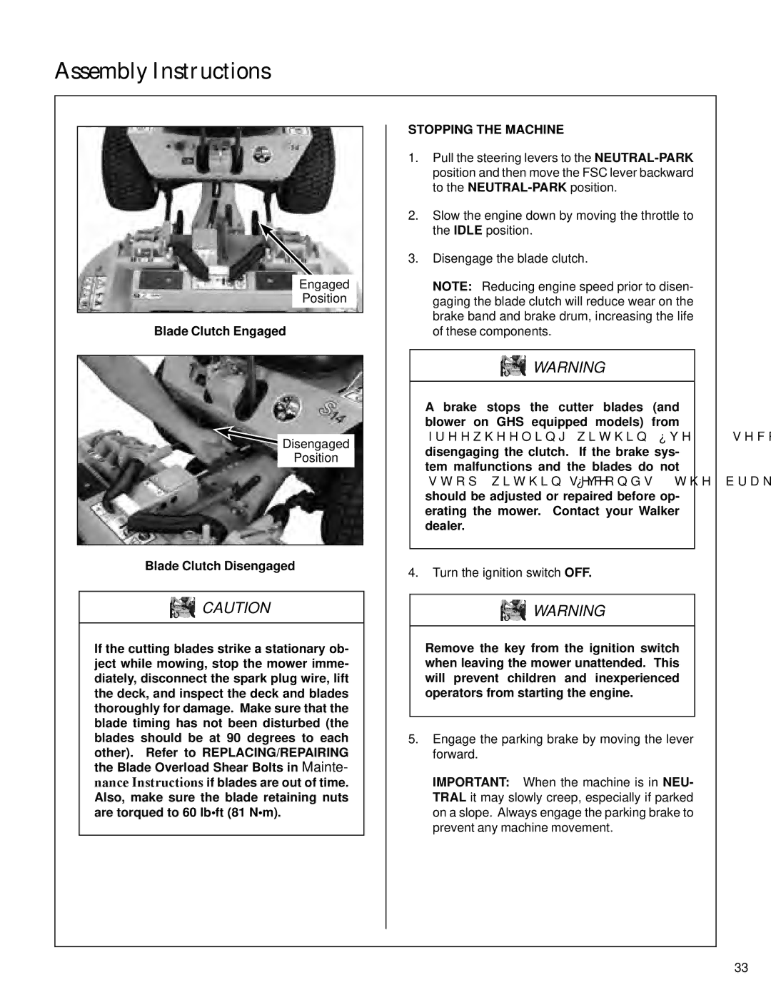 Walker S14 manual Blade Clutch Engaged, Stopping the Machine 