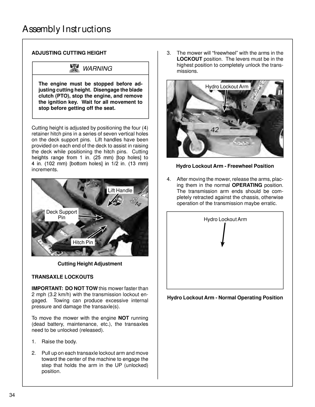 Walker S14 manual Cutting Height Adjustment, Transaxle Lockouts, Hydro Lockout Arm Freewheel Position 