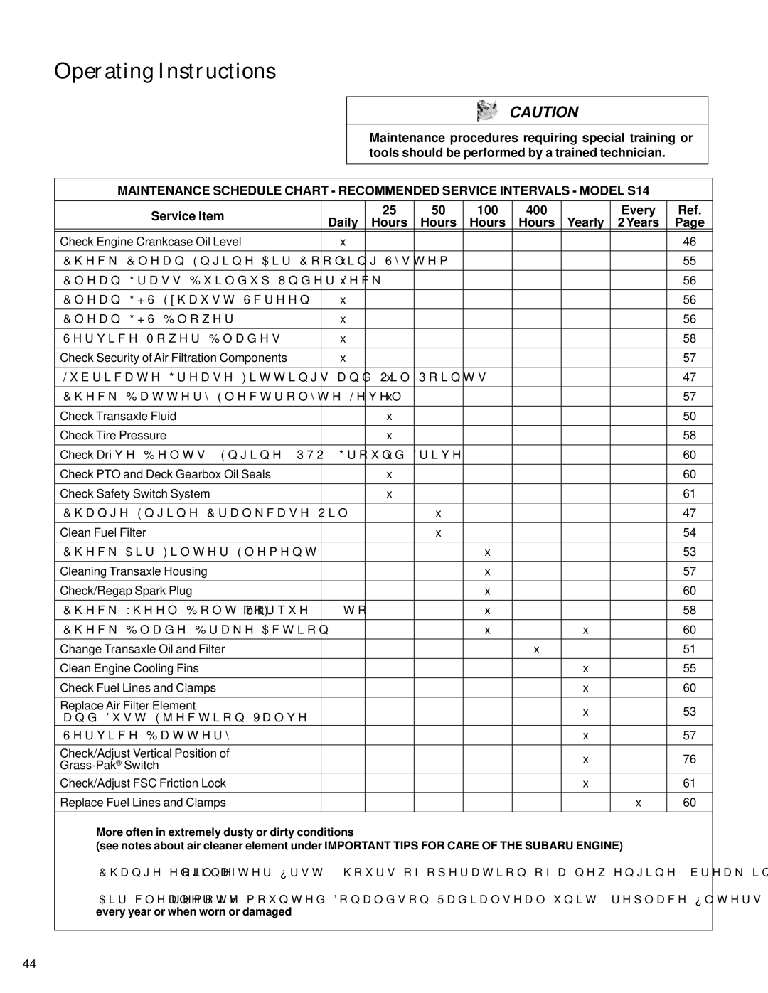 Walker S14 Maintenance Instructions, Maintenance procedures requiring special training or, Service Item 100 400 Every 