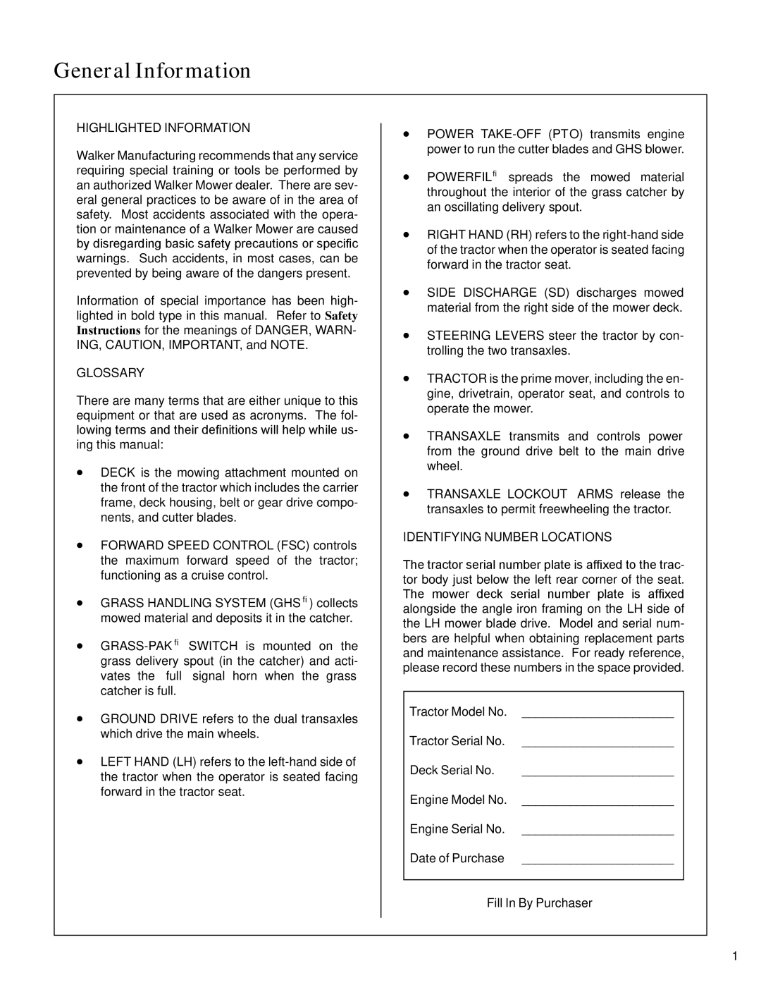 Walker S14 manual General Information, Glossary, Identifying Number Locations, Fill In By Purchaser 