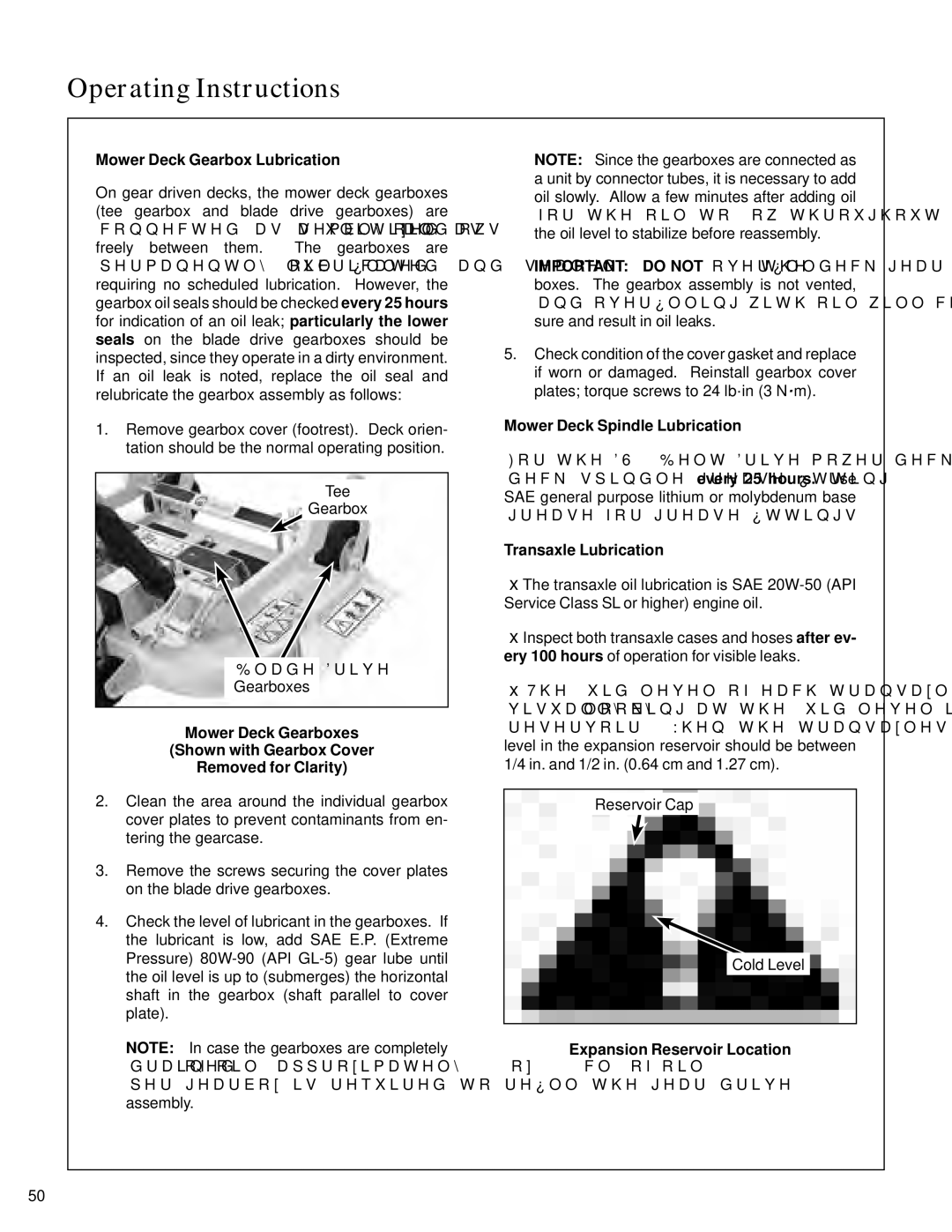 Walker S14 manual Mower Deck Gearbox Lubrication, Transaxle Lubrication, Expansion Reservoir Location 