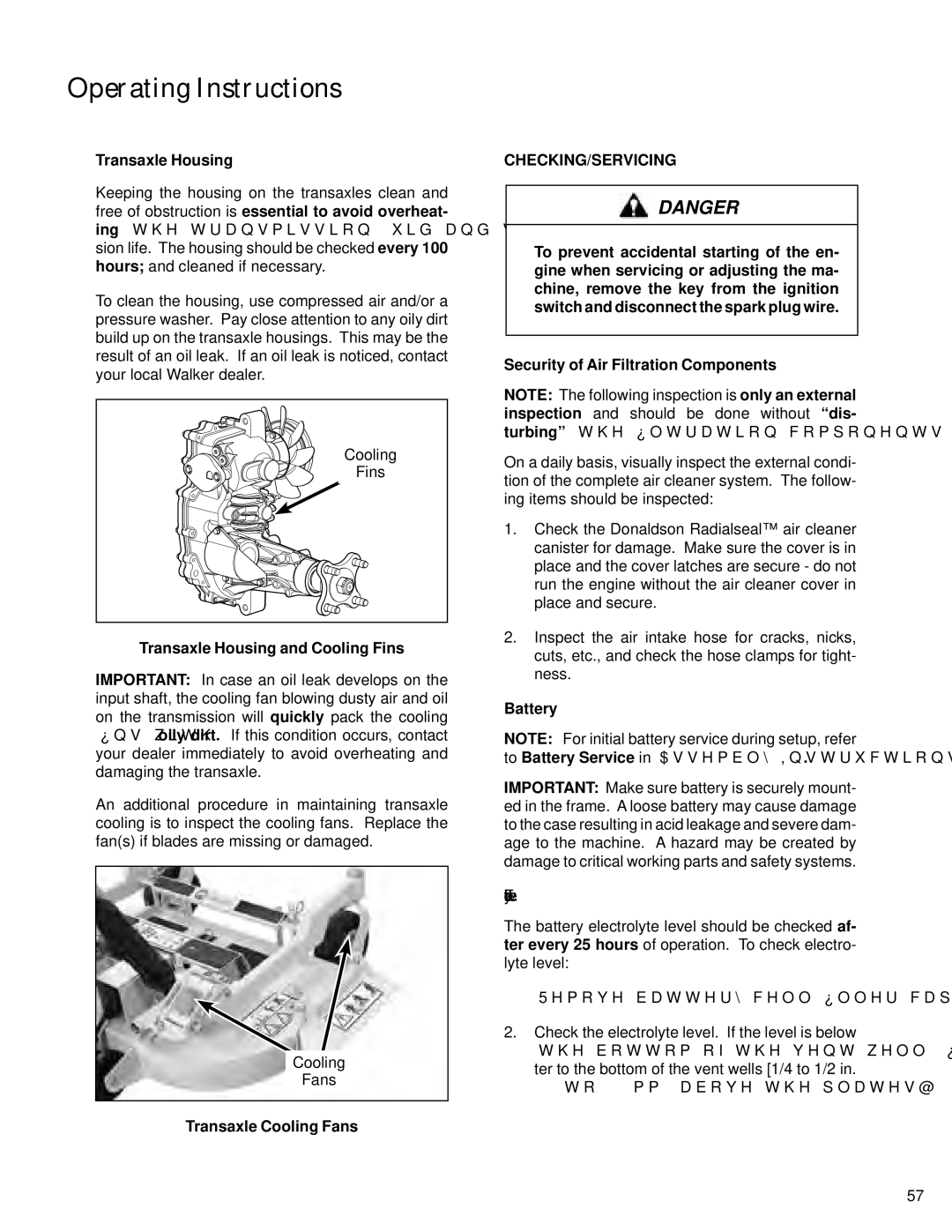 Walker S14 manual Transaxle Housing and Cooling Fins, Transaxle Cooling Fans, Checking/Servicing, Battery 