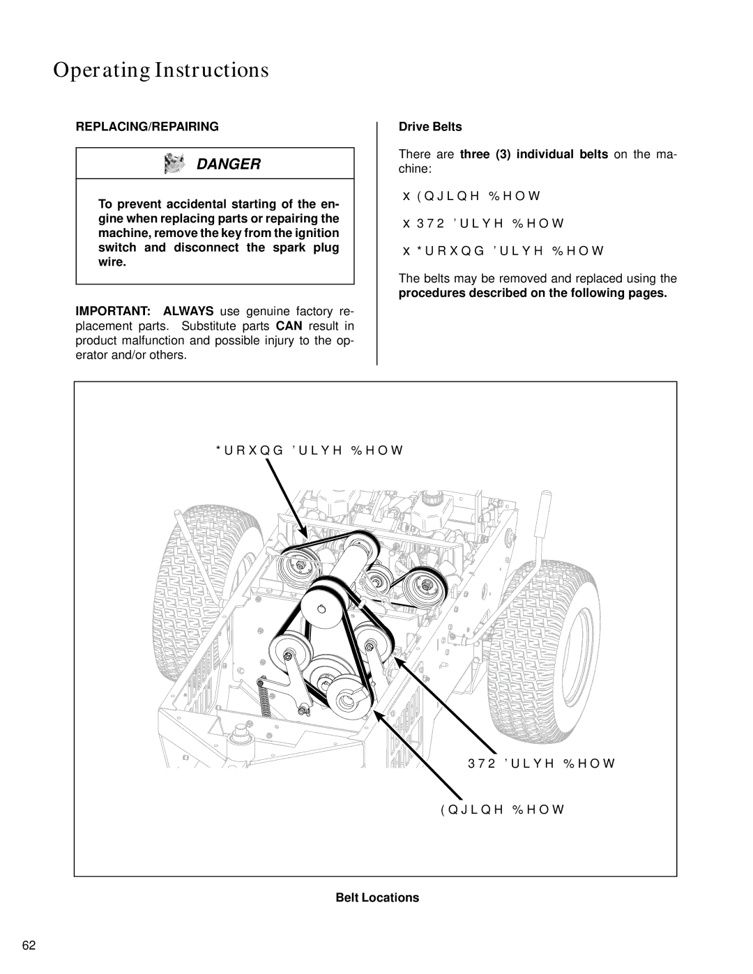 Walker S14 manual Replacing/Repairing, Belt Locations 