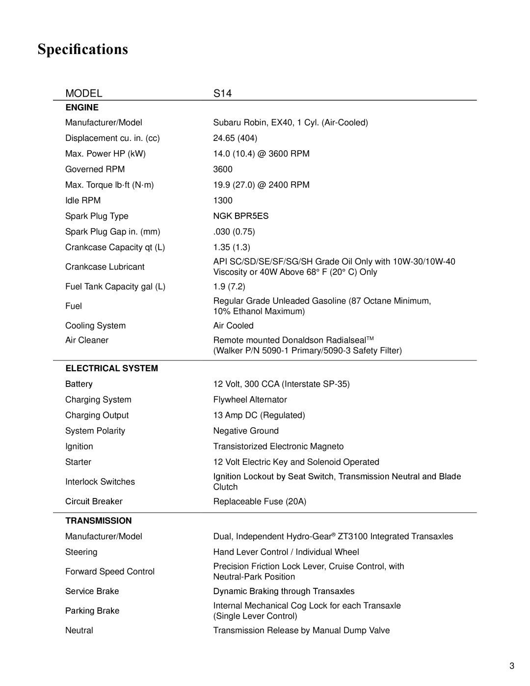 Walker S14 manual Specifications, Engine, Electrical System, Transmission 