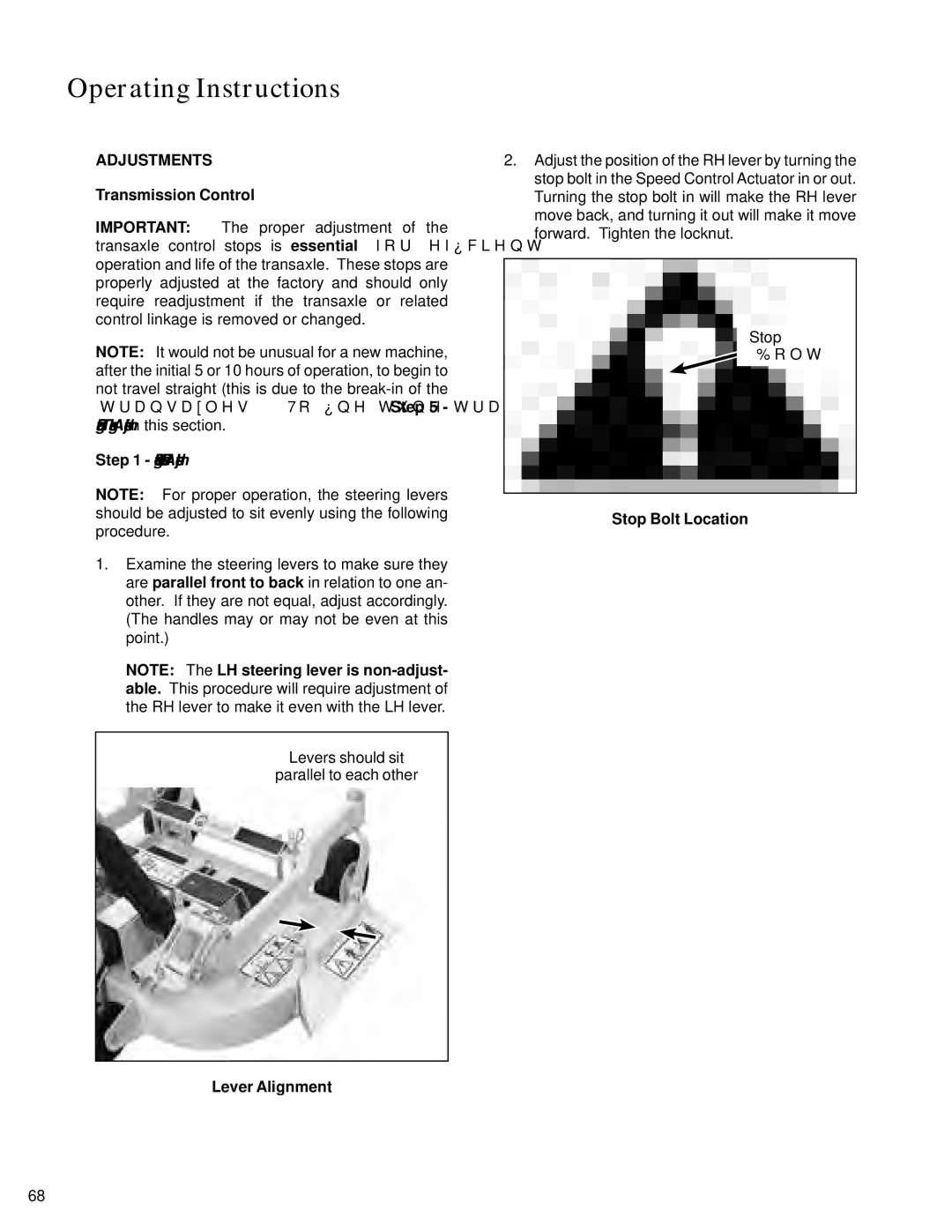 Walker S14 Adjustments, Transmission Control, Steering Lever Position Adjustment, Lever Alignment, Stop Bolt Location 