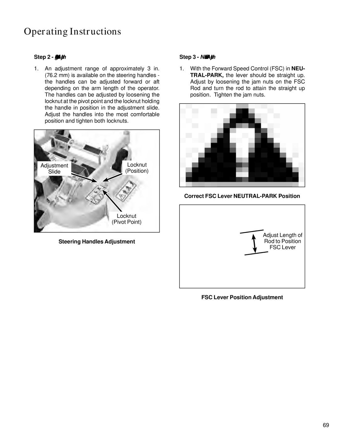 Walker S14 manual Steering Handles Adjustment, Correct FSC Lever NEUTRAL-PARK Position, FSC Lever Position Adjustment 