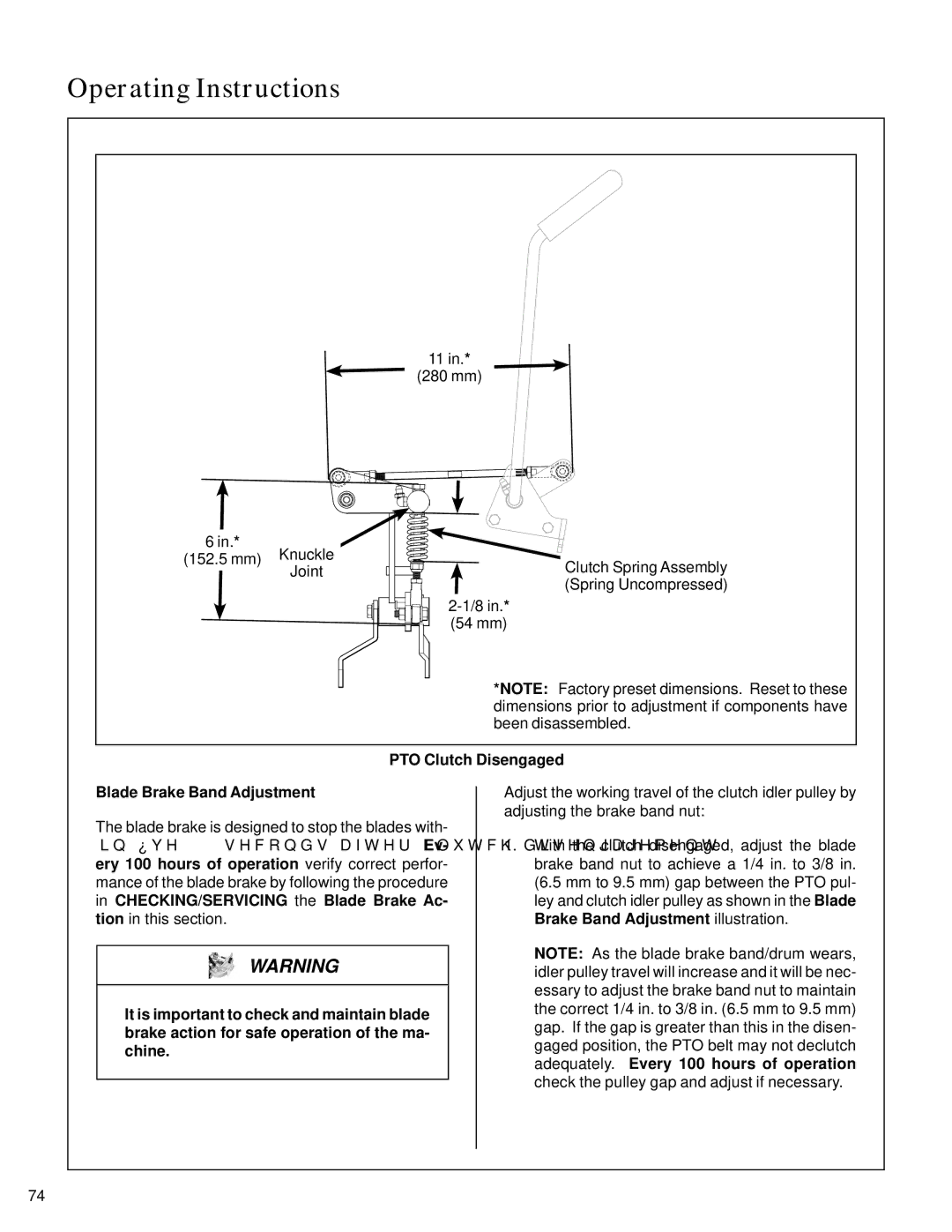 Walker S14 manual PTO Clutch Disengaged Blade Brake Band Adjustment 