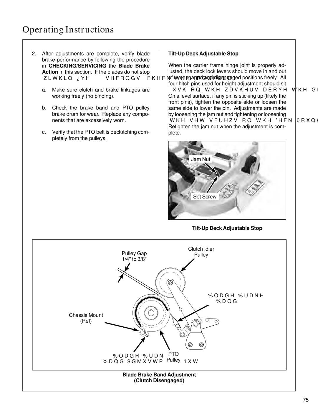 Walker S14 manual Tilt-Up Deck Adjustable Stop, Blade Brake Band Adjustment Clutch Disengaged 