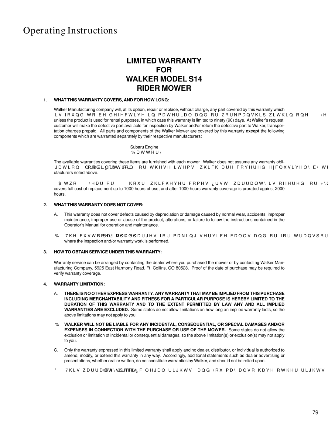 Walker manual Limited Warranty For Walker Model S14 Rider Mower 