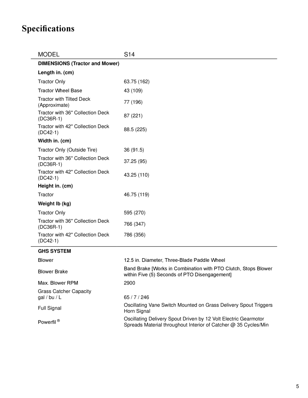 Walker S14 manual Dimensions Tractor and Mower Length in. cm, Width in. cm, Height in. cm, Weight lb kg, GHS System 