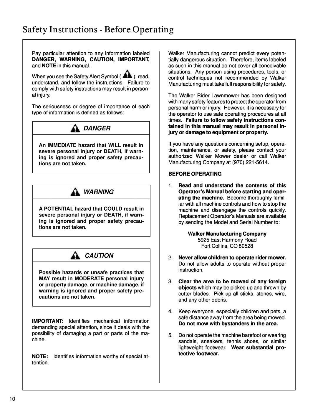 Walker S14 manual Safety Instructions - Before Operating, Danger, Do not mow with bystanders in the area 