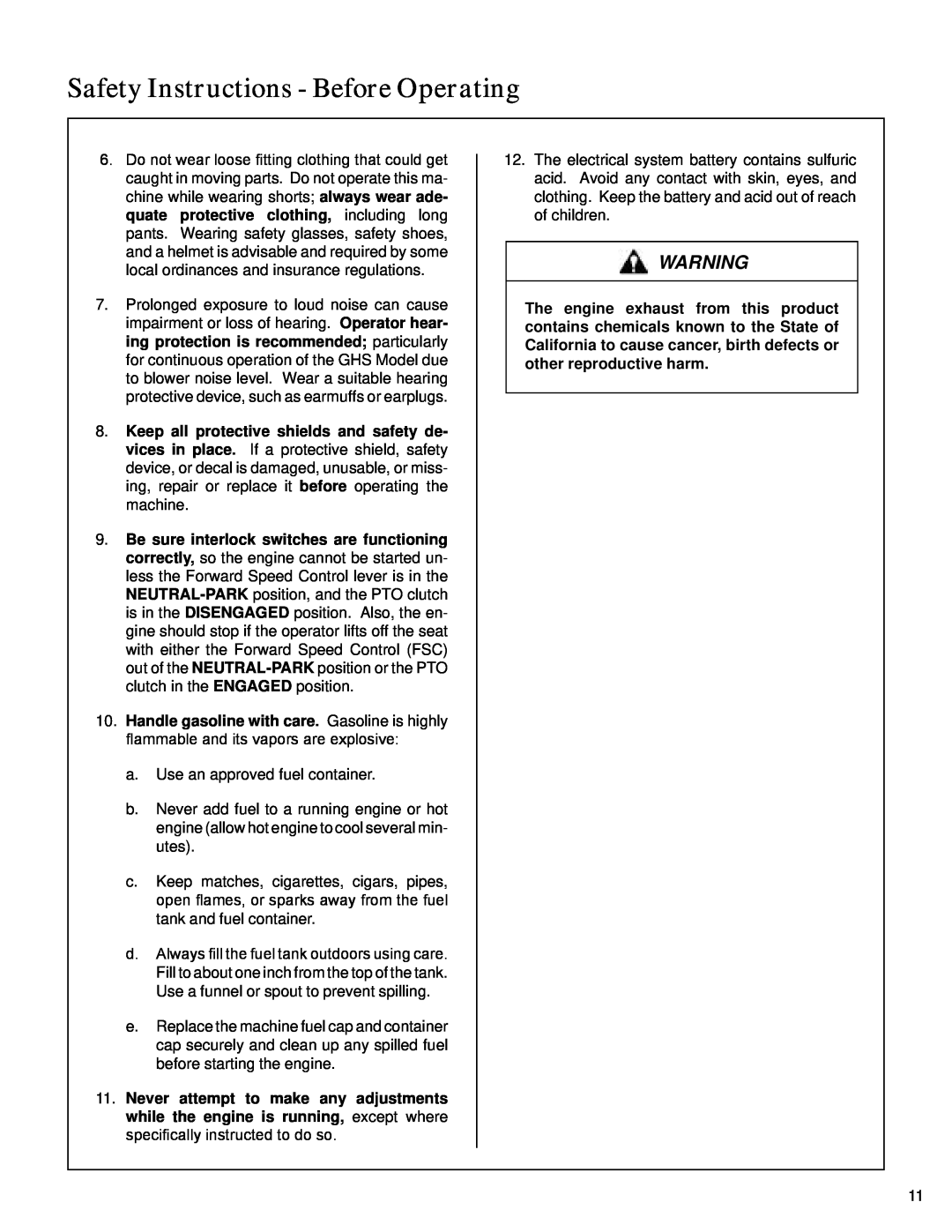Walker S14 manual Safety Instructions - Before Operating, a.Use an approved fuel container 