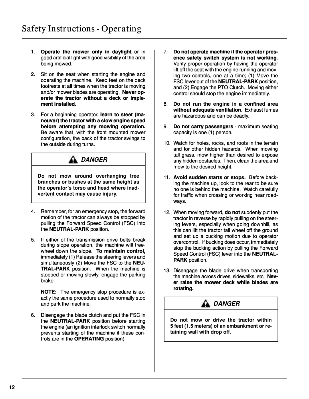 Walker S14 manual Safety Instructions - Operating, Danger 