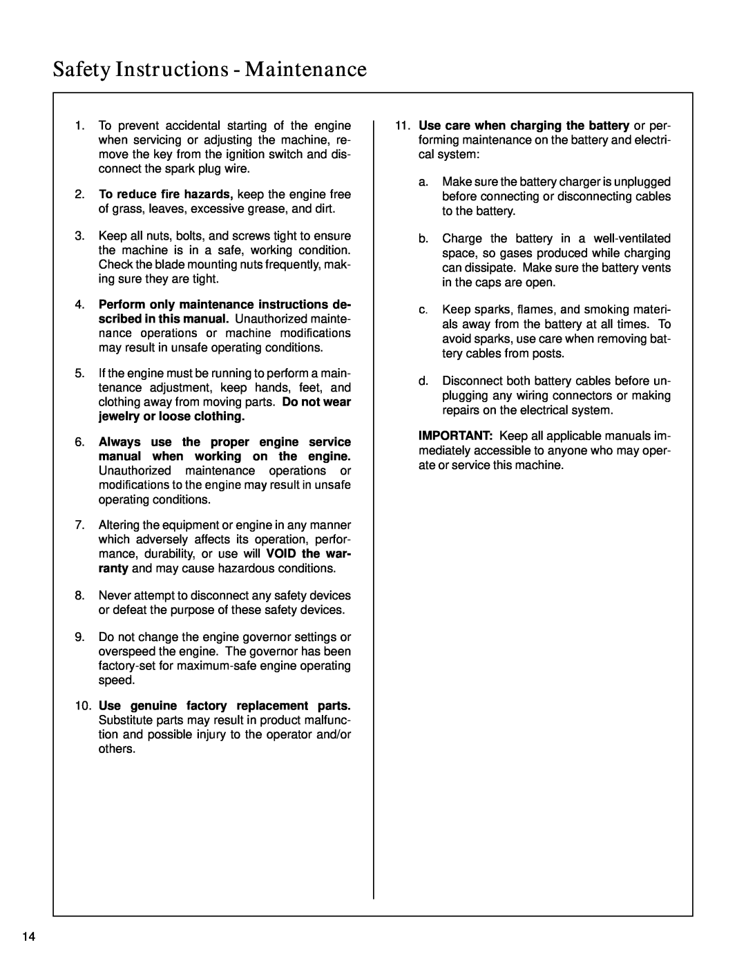 Walker S14 manual Safety Instructions - Maintenance 