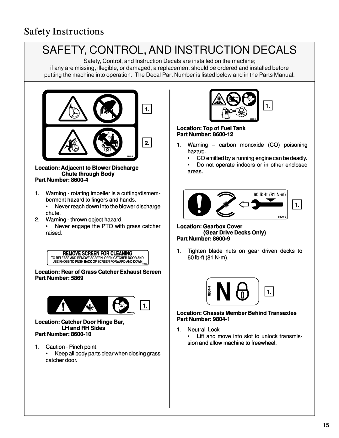 Walker S14 manual Safety, Control, And Instruction Decals, Safety Instructions, LH and RH Sides Part Number 