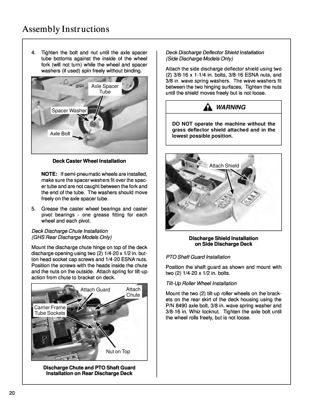 Walker S14 manual Deck Caster Wheel Installation, Deck Discharge Deflector Shield Installation, Side Discharge Models Only 