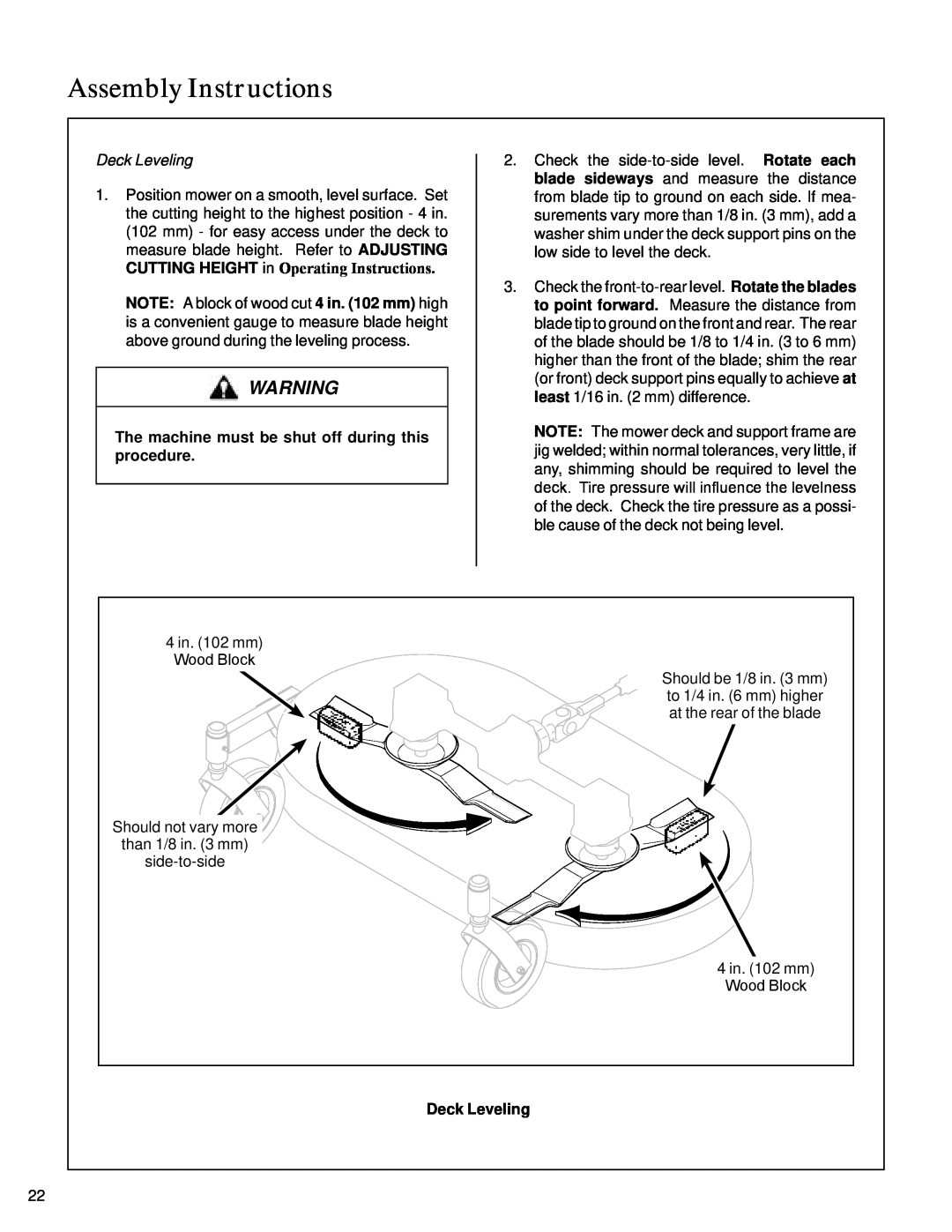 Walker S14 manual Deck Leveling, Assembly Instructions 