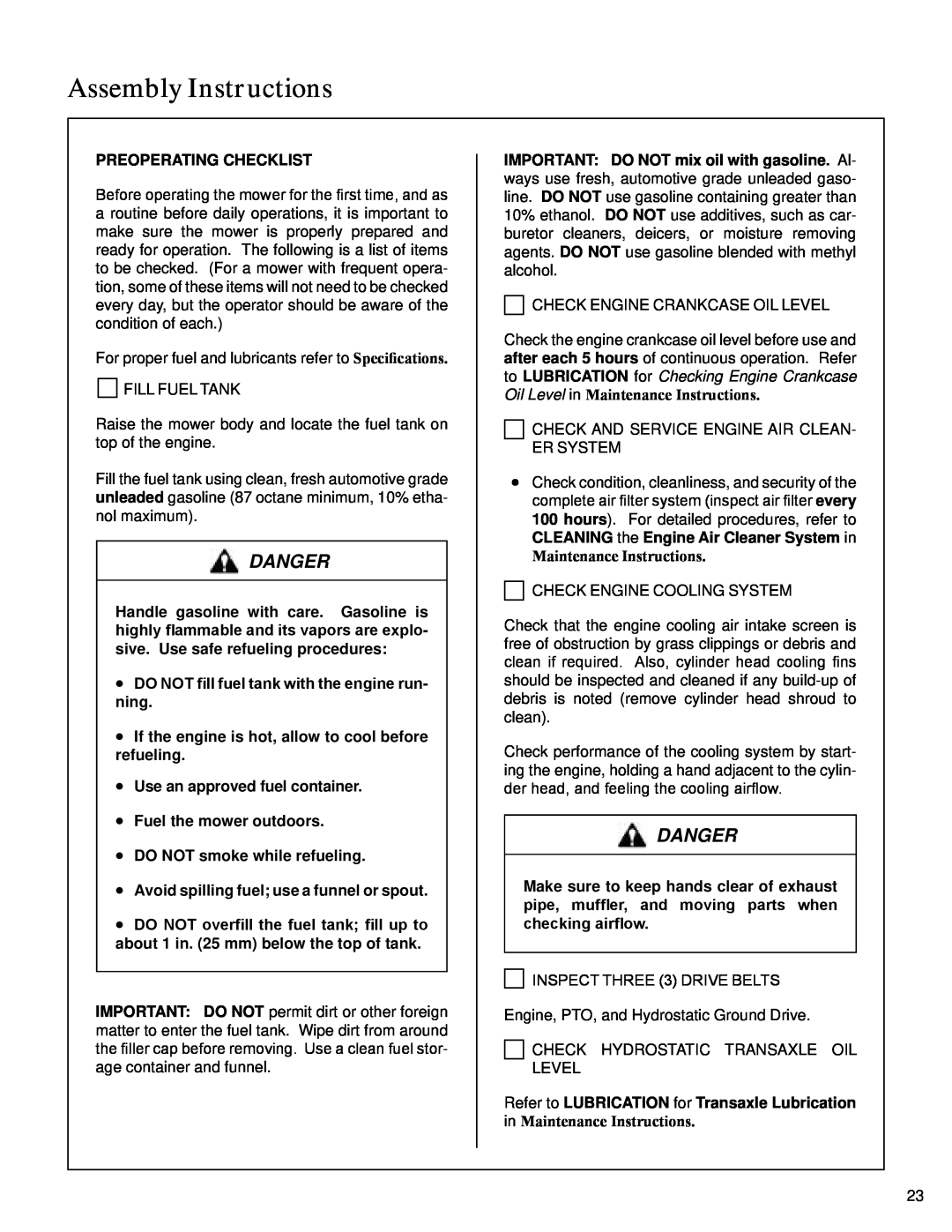 Walker S14 manual Preoperating Checklist, •DO NOT fill fuel tank with the engine run- ning, •Use an approved fuel container 