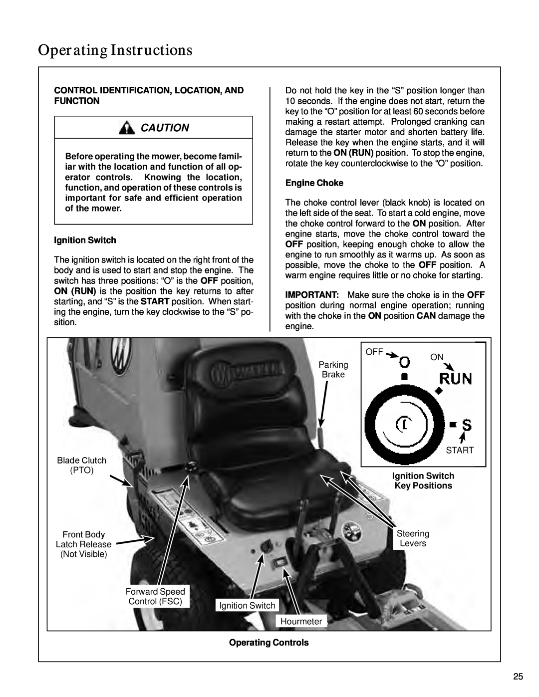 Walker S14 manual Operating Instructions, Control Identification, Location, And Function, Ignition Switch, Engine Choke 