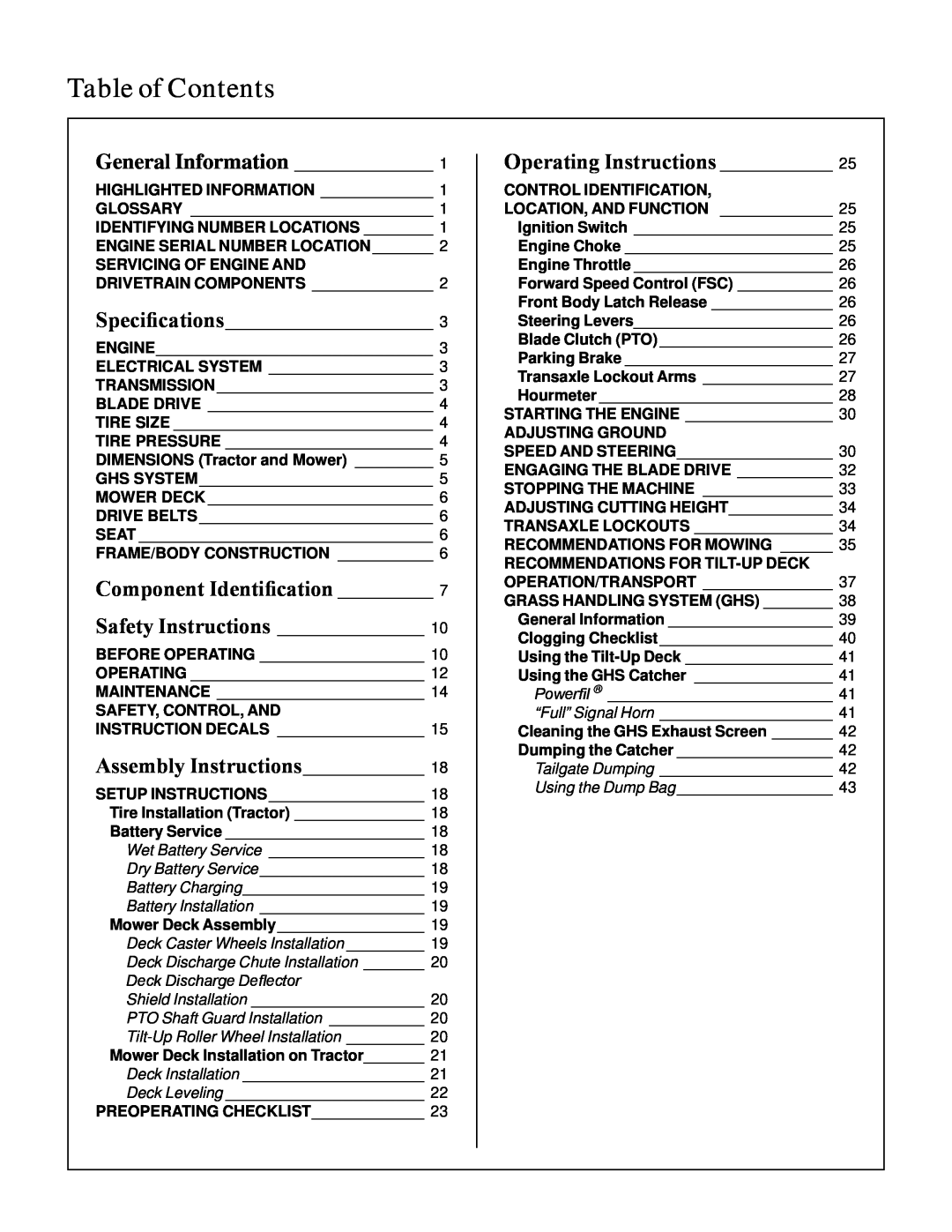 Walker S14 manual Table of Contents, General Information, Component Identification____________, Servicing Of Engine And 