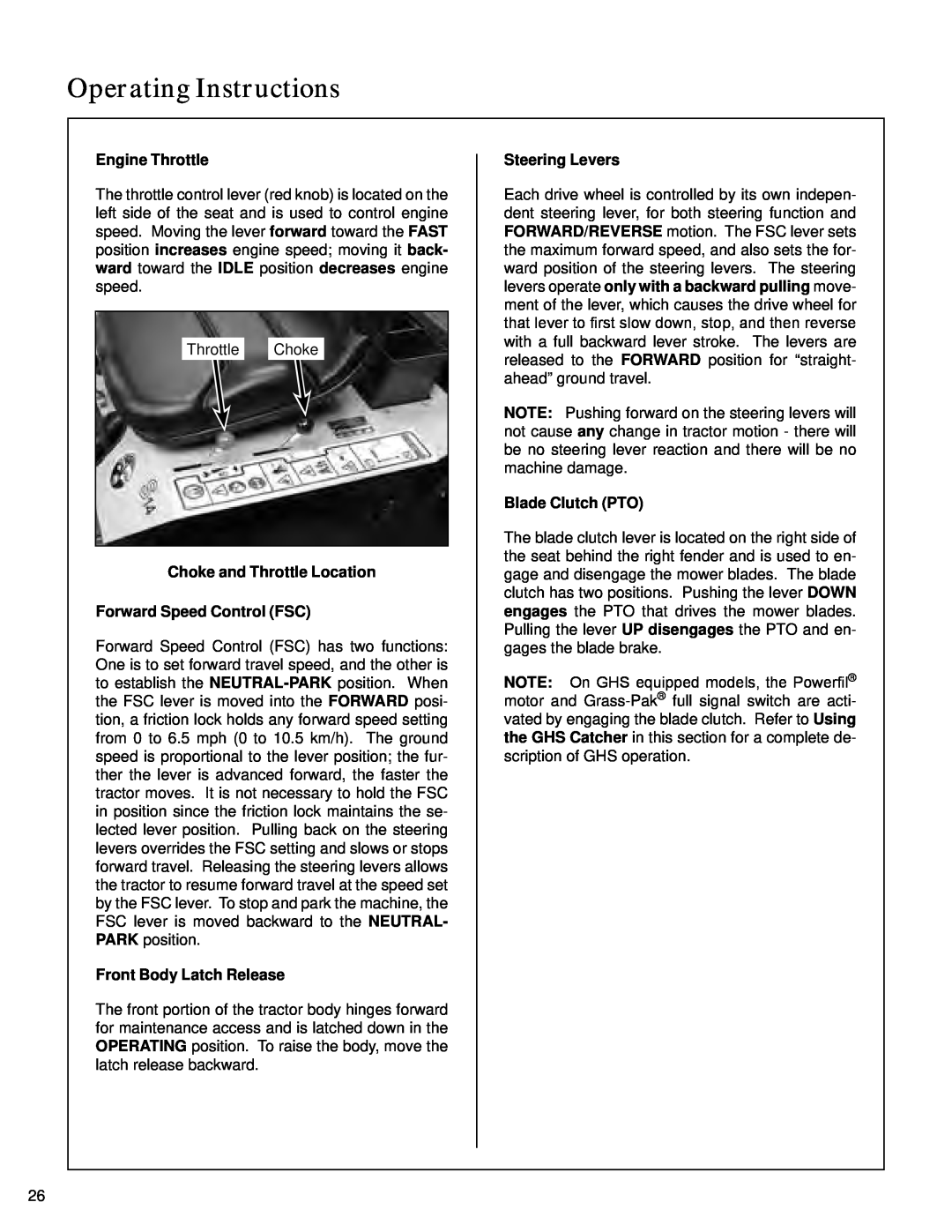 Walker S14 manual Engine Throttle, Choke and Throttle Location, Forward Speed Control FSC, Front Body Latch Release 