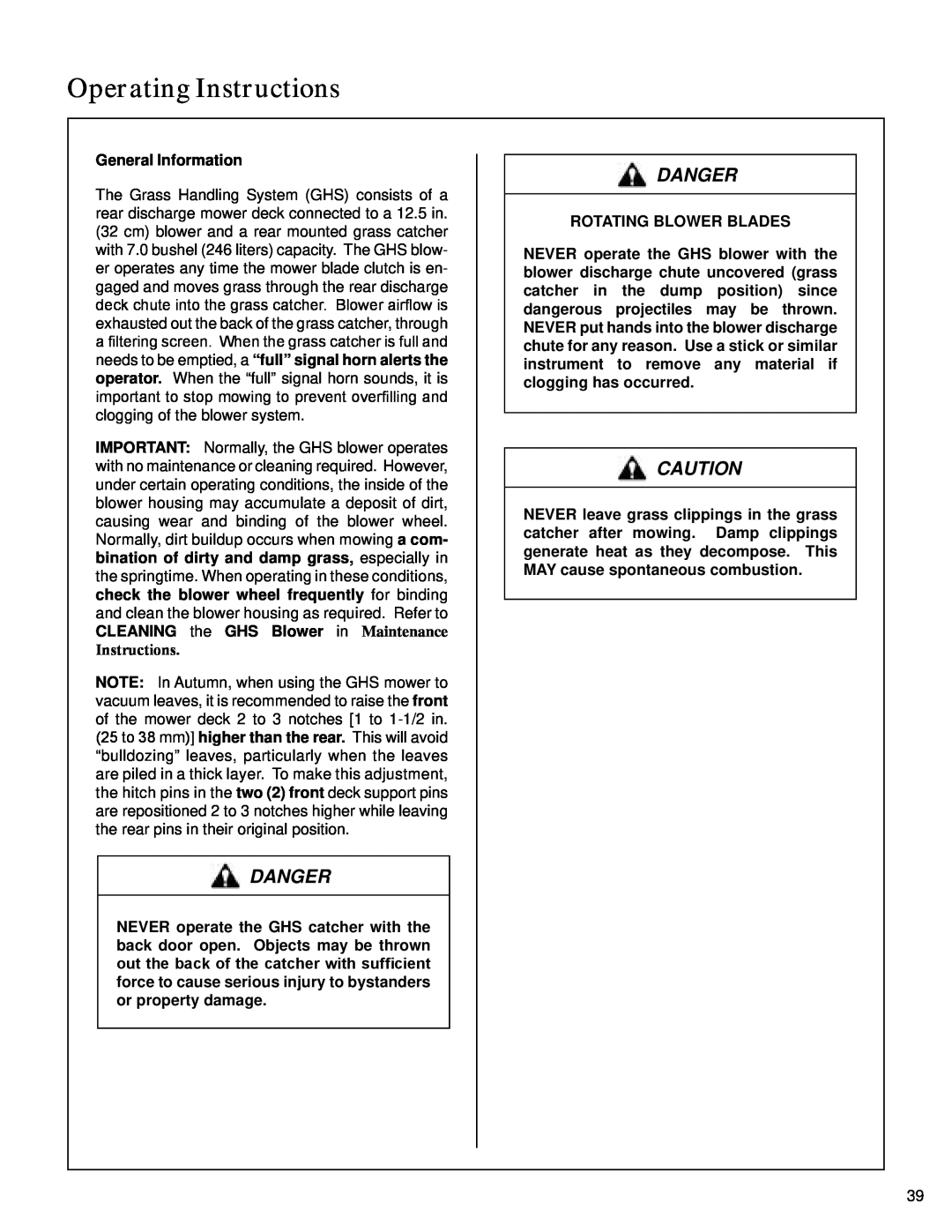 Walker S14 manual General Information, Rotating Blower Blades, Operating Instructions, Danger 