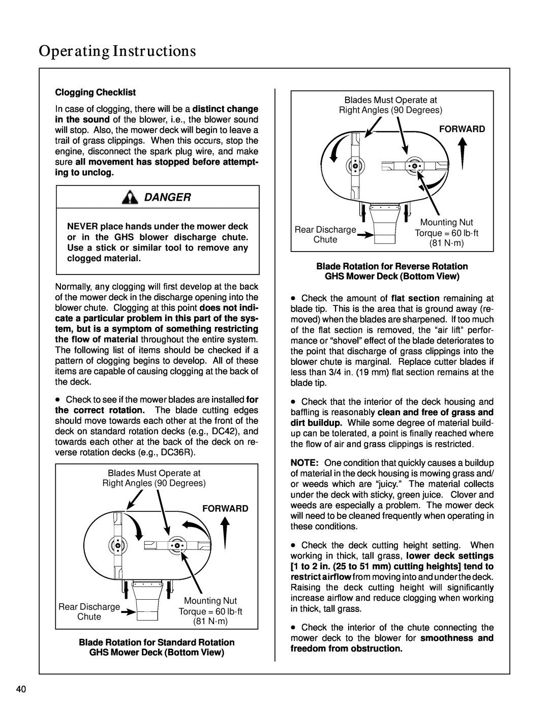 Walker S14 manual Clogging Checklist, Forward, Blade Rotation for Standard Rotation, GHS Mower Deck Bottom View, Danger 