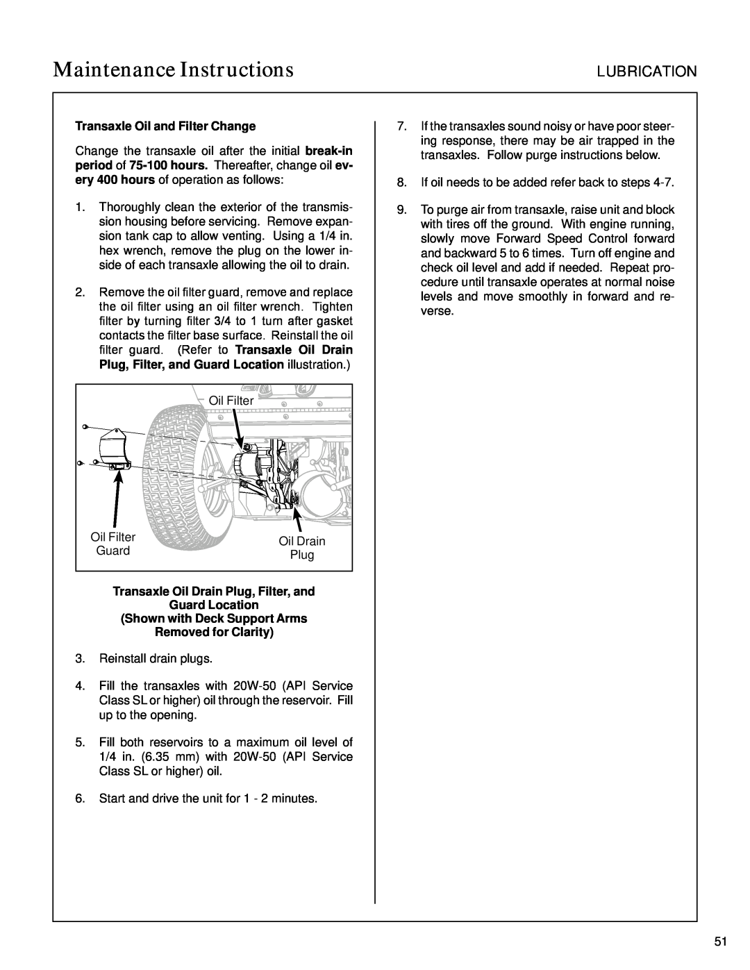 Walker S14 Transaxle Oil and Filter Change, Transaxle Oil Drain Plug, Filter, and, Maintenance Instructions, Lubrication 