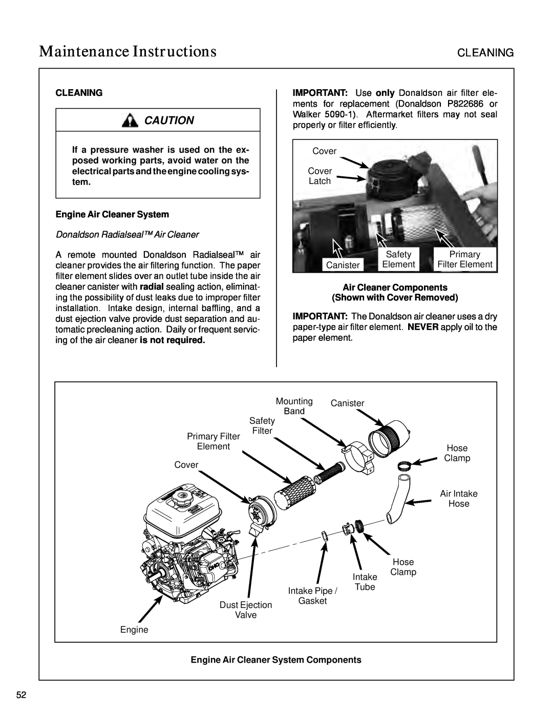 Walker S14 Cleaning, Donaldson Radialseal Air Cleaner, Engine Air Cleaner System Components, Maintenance Instructions 