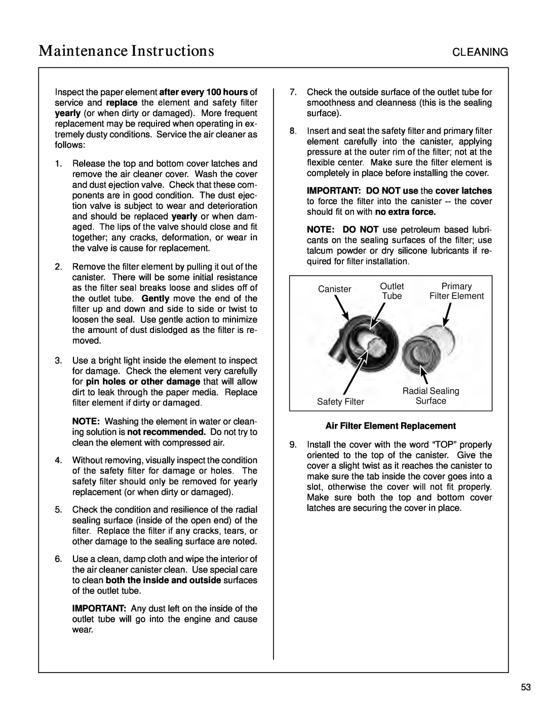 Walker S14 manual Air Filter Element Replacement, Maintenance Instructions, Cleaning 