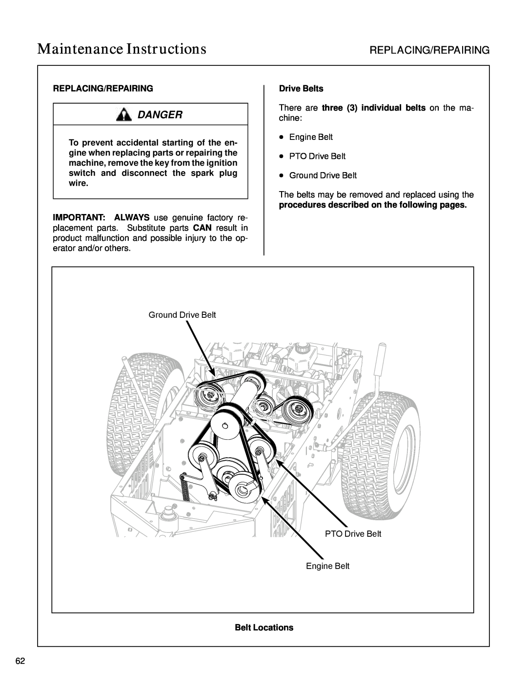 Walker S14 manual Replacing/Repairing, Belt Locations, Maintenance Instructions, Danger, Drive Belts 