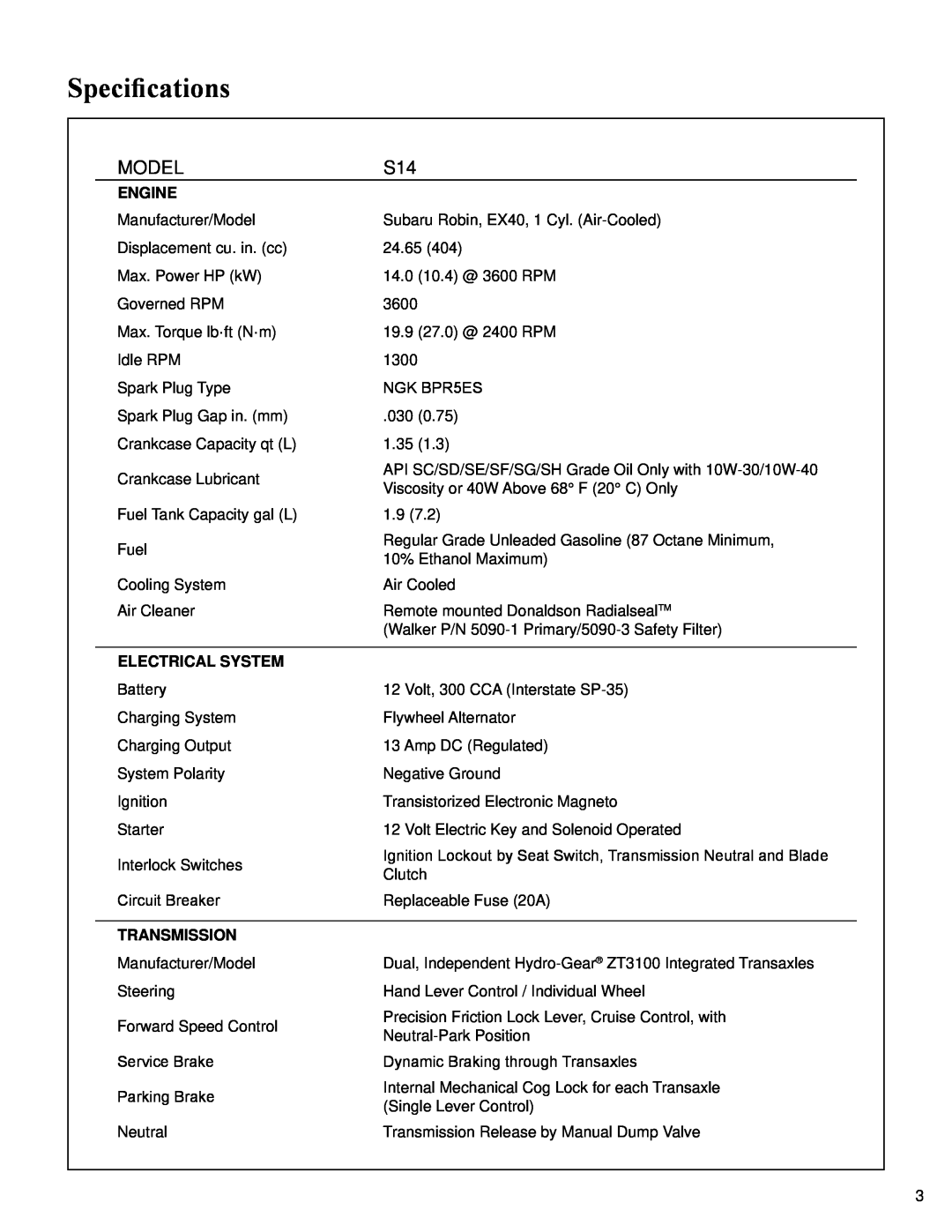 Walker S14 manual Specifications, Model, Engine, Electrical System, Transmission 