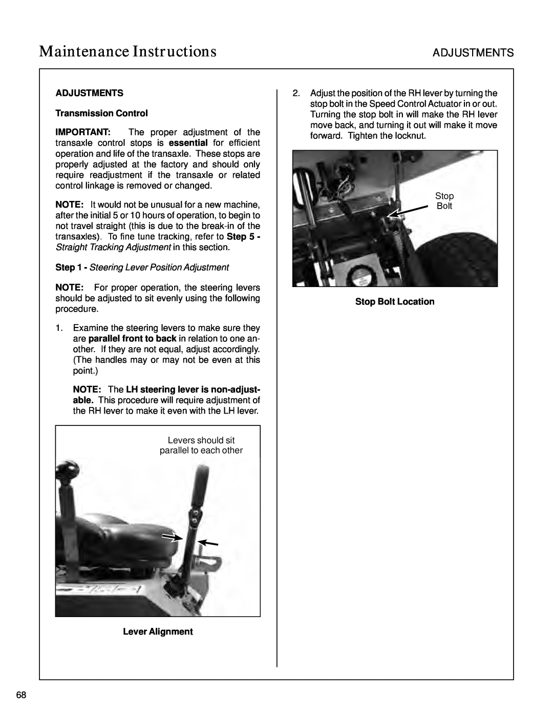 Walker S14 manual Adjustments, ADJUSTMENTS Transmission Control, Steering Lever Position Adjustment, Lever Alignment 