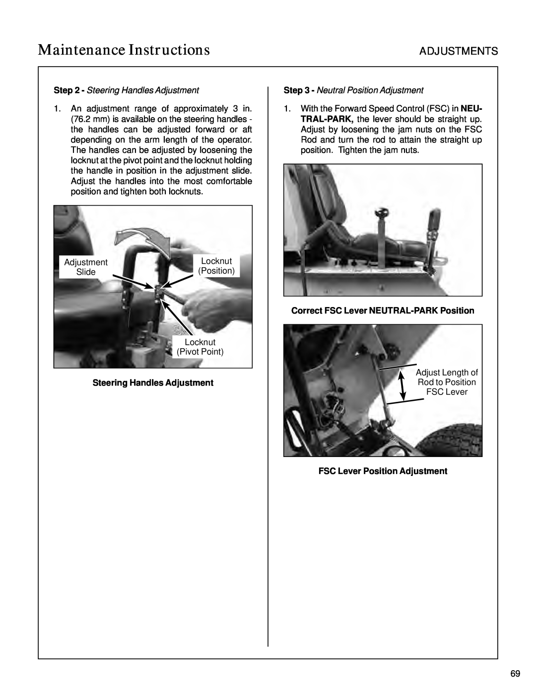 Walker S14 Steering Handles Adjustment, Neutral Position Adjustment, Correct FSC Lever NEUTRAL-PARKPosition, Adjustments 