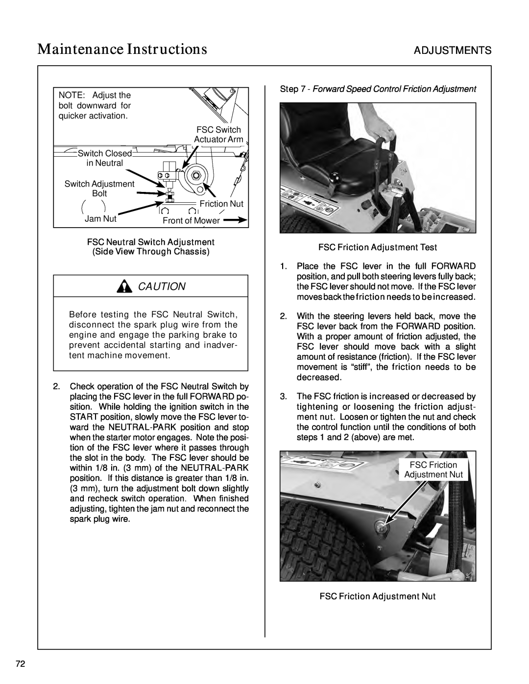Walker S14 manual FSC Neutral Switch Adjustment, Side View Through Chassis, FSC Friction Adjustment Test, Adjustments 
