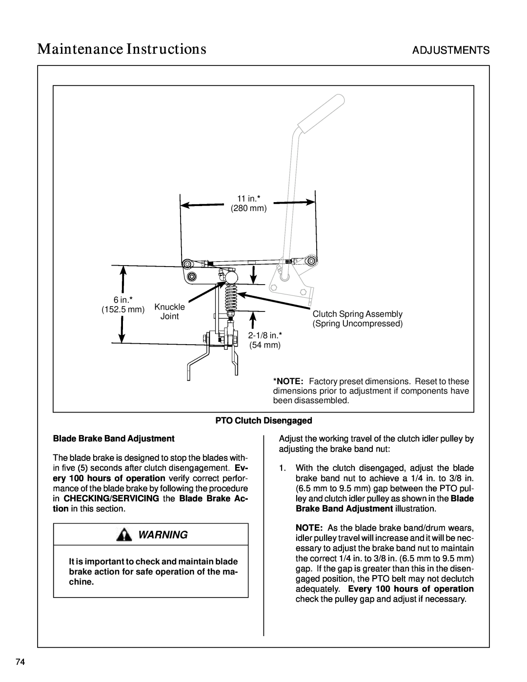 Walker S14 manual PTO Clutch Disengaged, Blade Brake Band Adjustment, Maintenance Instructions, Adjustments 