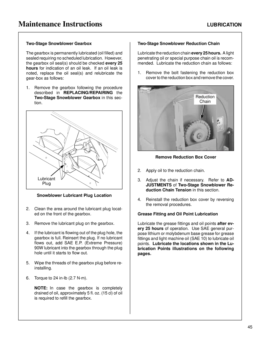 Walker SB6670, DB6680 Snowblower Lubricant Plug Location, Two-Stage Snowblower Reduction Chain, Remove Reduction Box Cover 