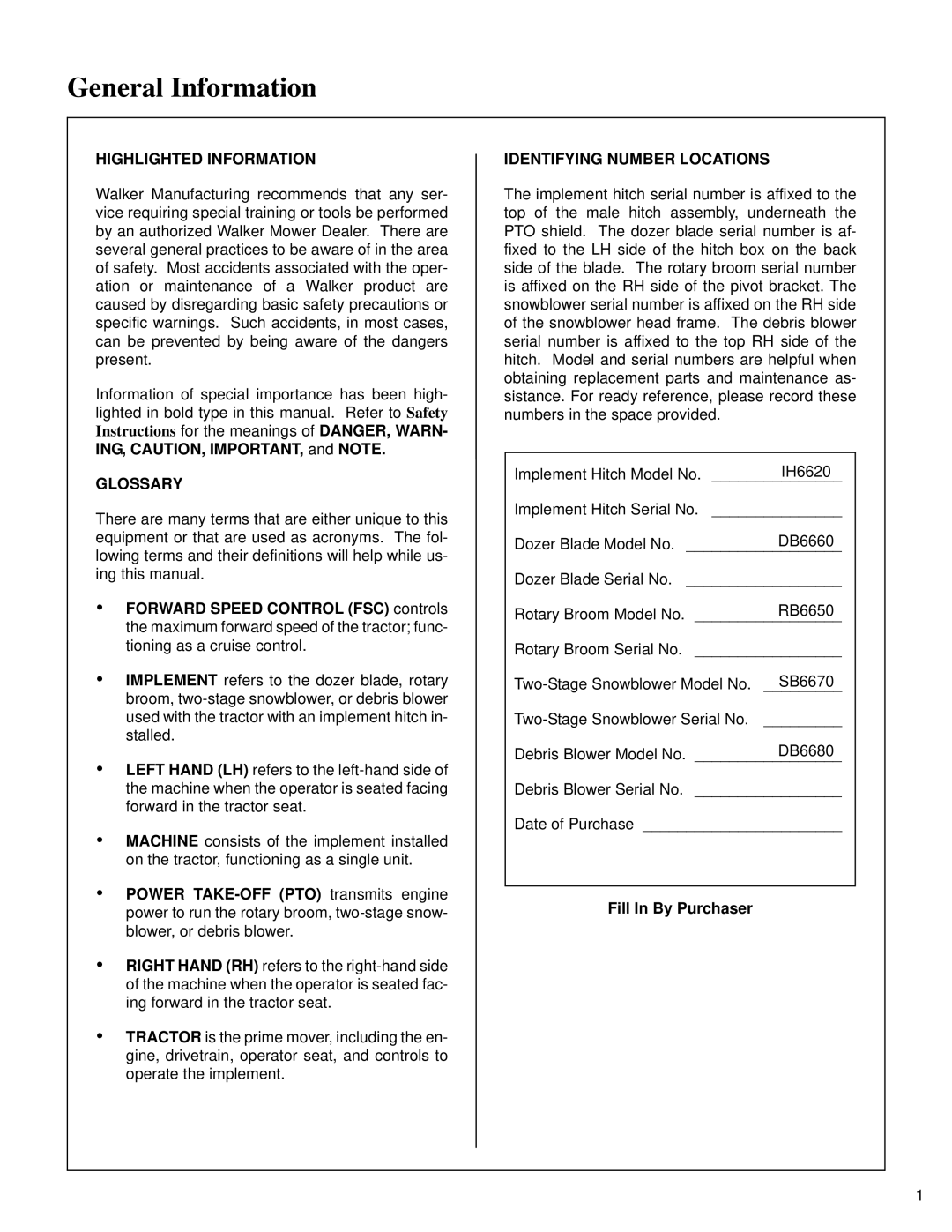 Walker SB6670, DB6680, DB6660, RB6650 General Information, Glossary, Identifying Number Locations, Fill In By Purchaser 