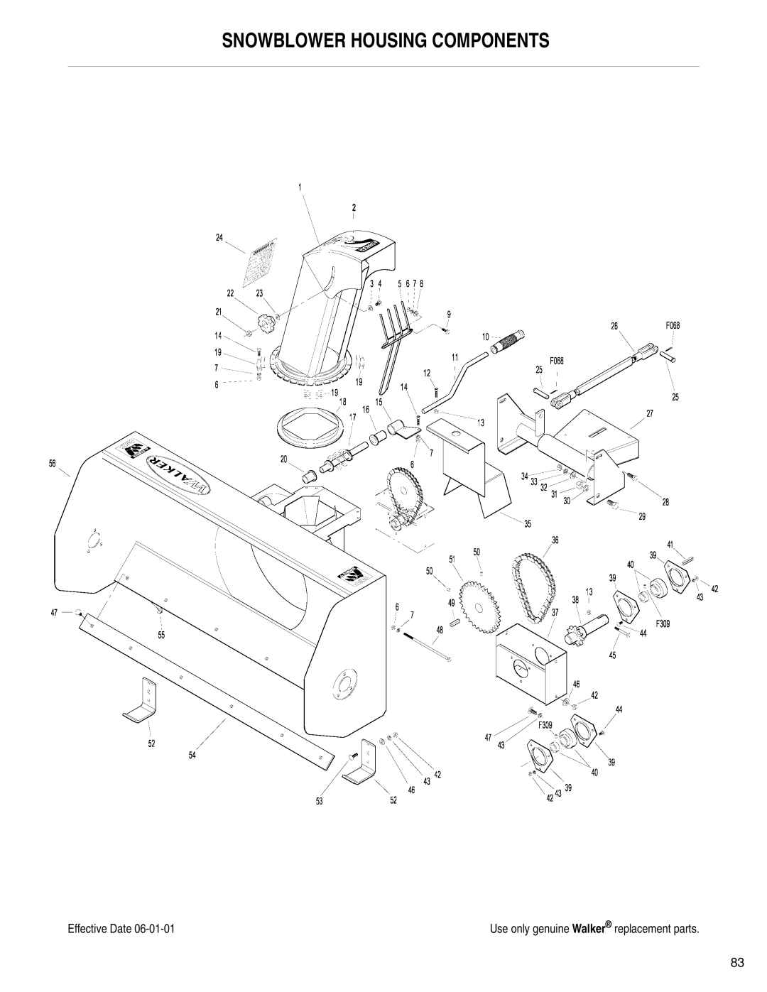 Walker RB6650, SB6670, DB6680, DB6660, IH6620 owner manual Snowblower Housing Components 