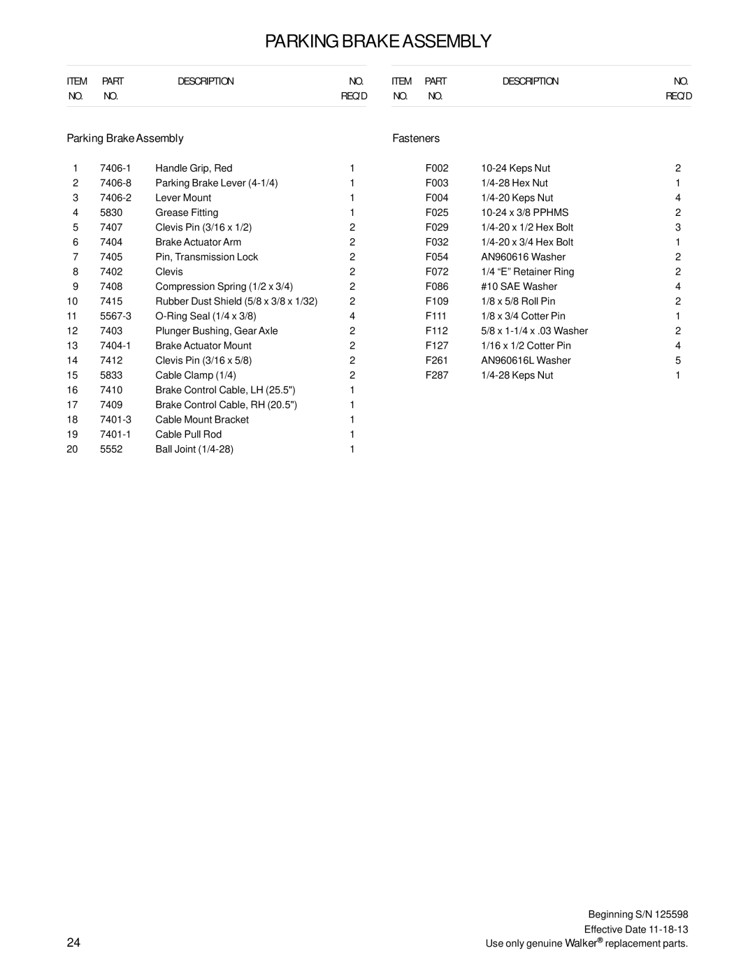 Walker T25i manual Parking Brake Assembly Fasteners 