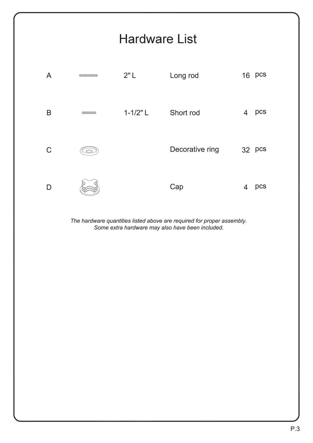 Walker V35CMPB manual Hardware List 