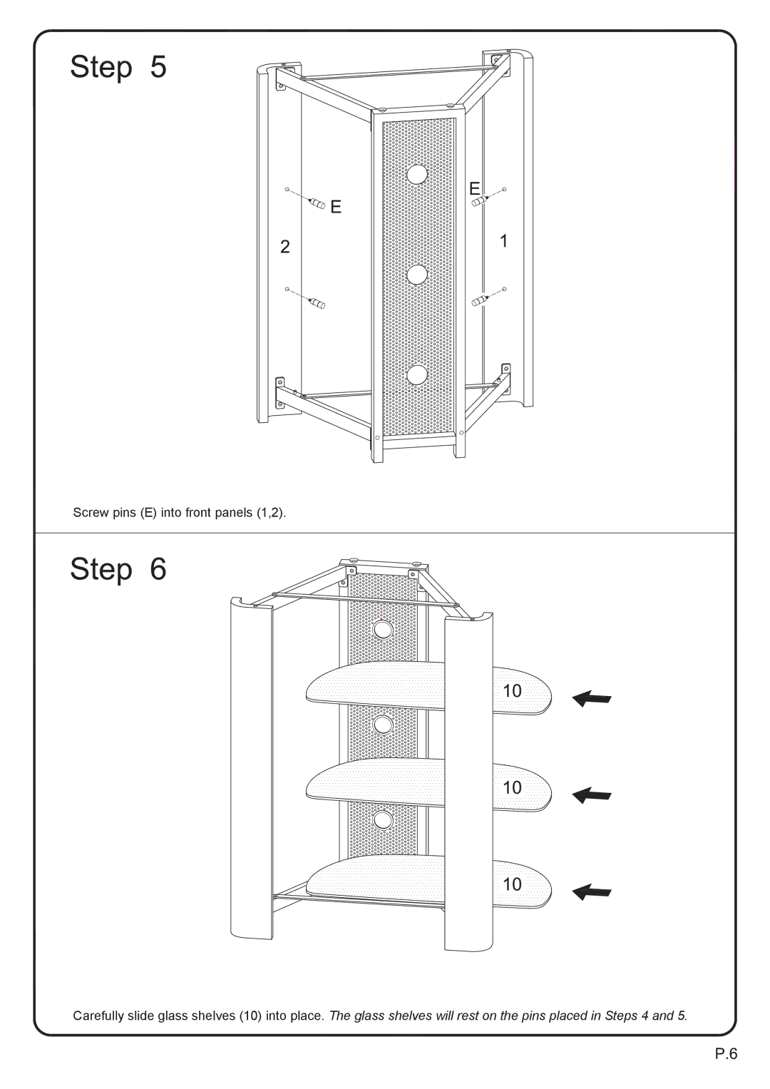 Walker V35MWF manual Screw pins E into front panels 1,2 