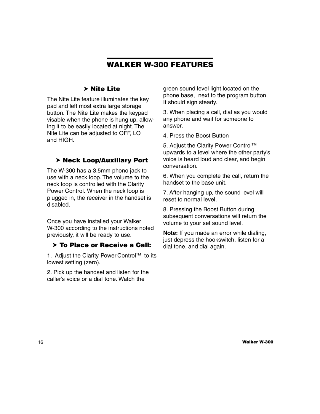 Walker W-300 manual Nite Lite, Neck Loop/Auxillary Port, To Place or Receive a Call 