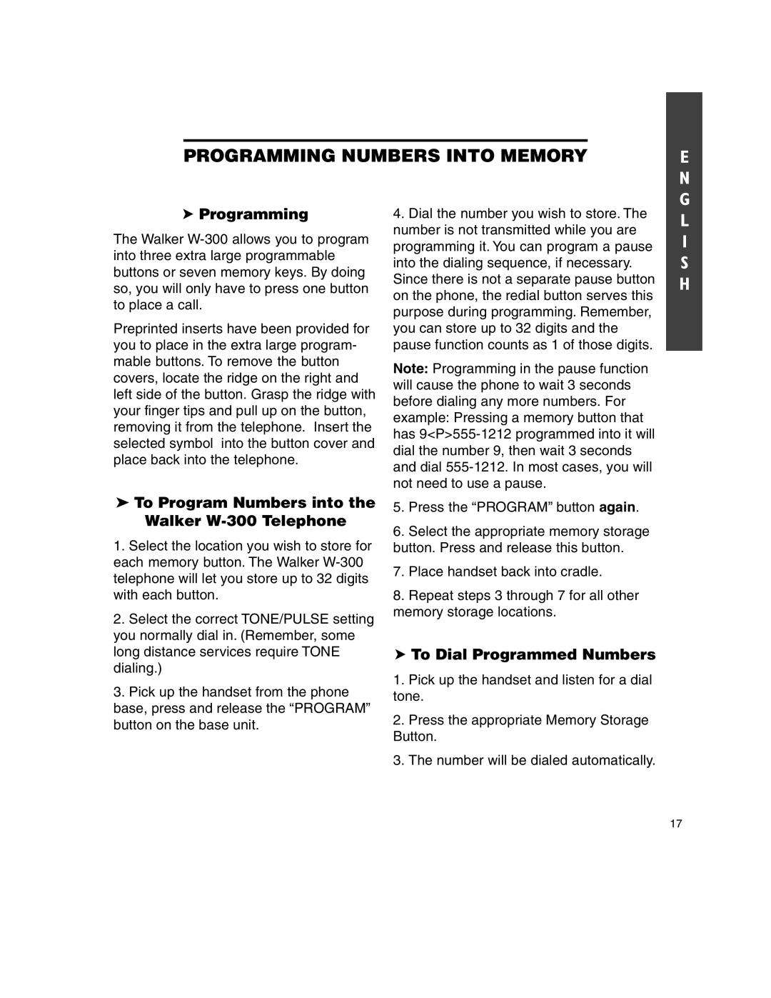 Walker Programming Numbers Into Memory, To Program Numbers into the Walker W-300 Telephone, To Dial Programmed Numbers 