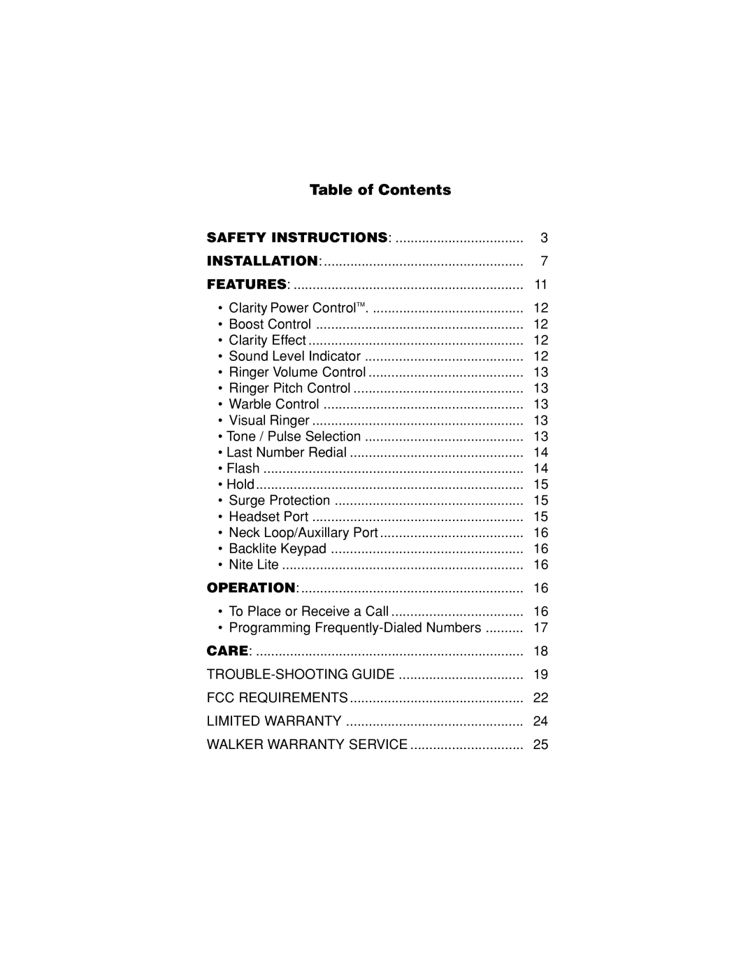 Walker W-300 manual Table of Contents 