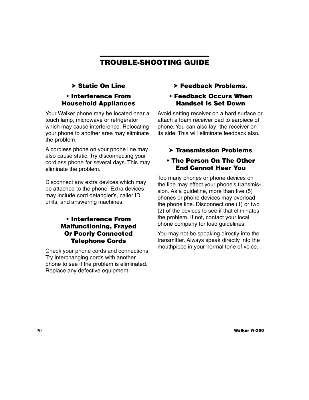 Walker W-300 manual TROUBLE-SHOOTING Guide 